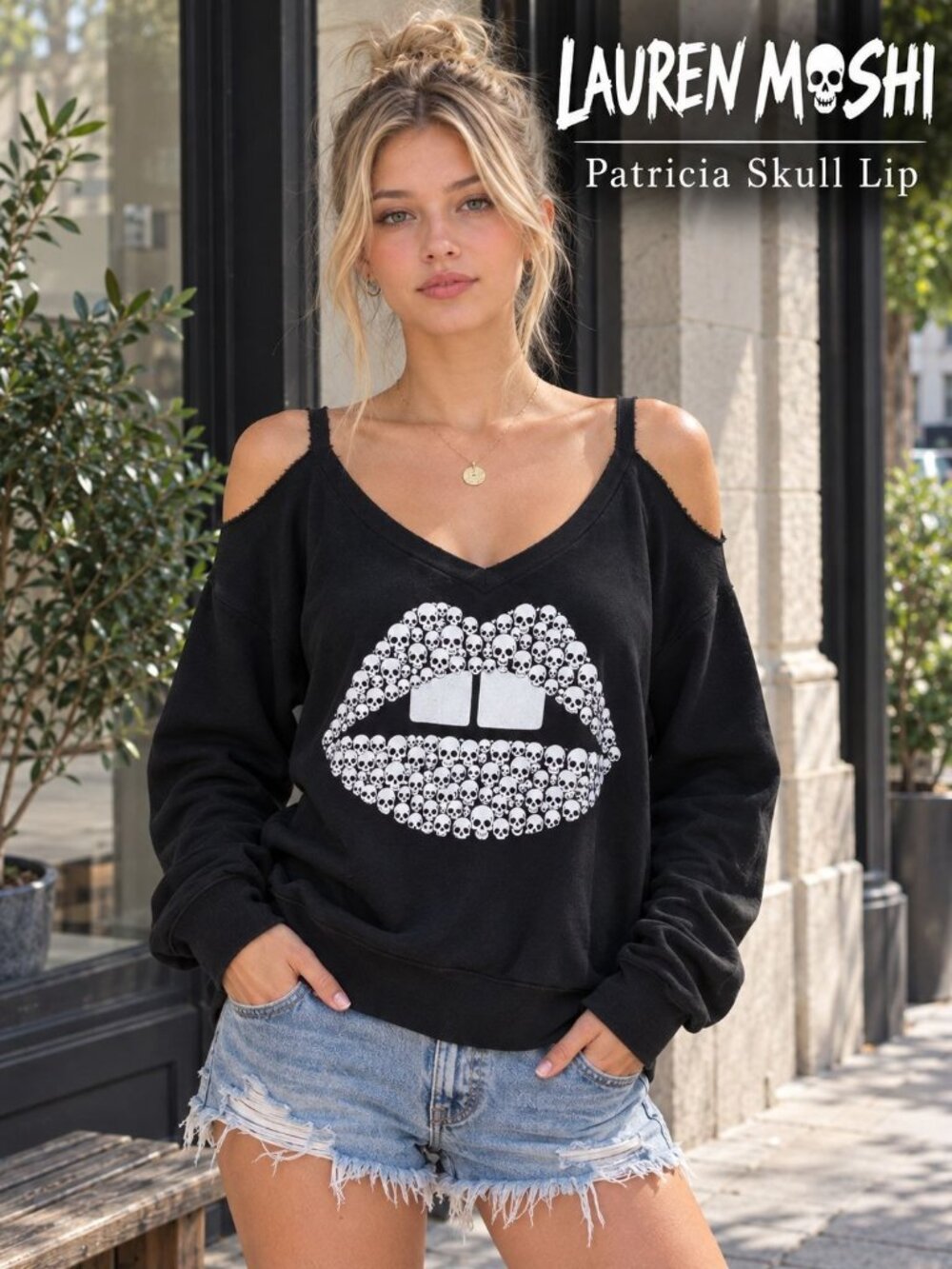 Lauren Moshi Patricia Skull Lip Sweatshirt Sz L Black Goth Punk Cutout Slouchy